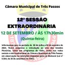 12ª SESSÃO EXTRAORDINÁRIA SERÁ REALIZADA HOJE, 12 DE SETEMBRO DE 2024, ÀS 17H30MIN