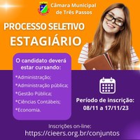 Abertas as inscrições para Processo Seletivo de ESTAGIÁRIO para a Câmara de Vereadores