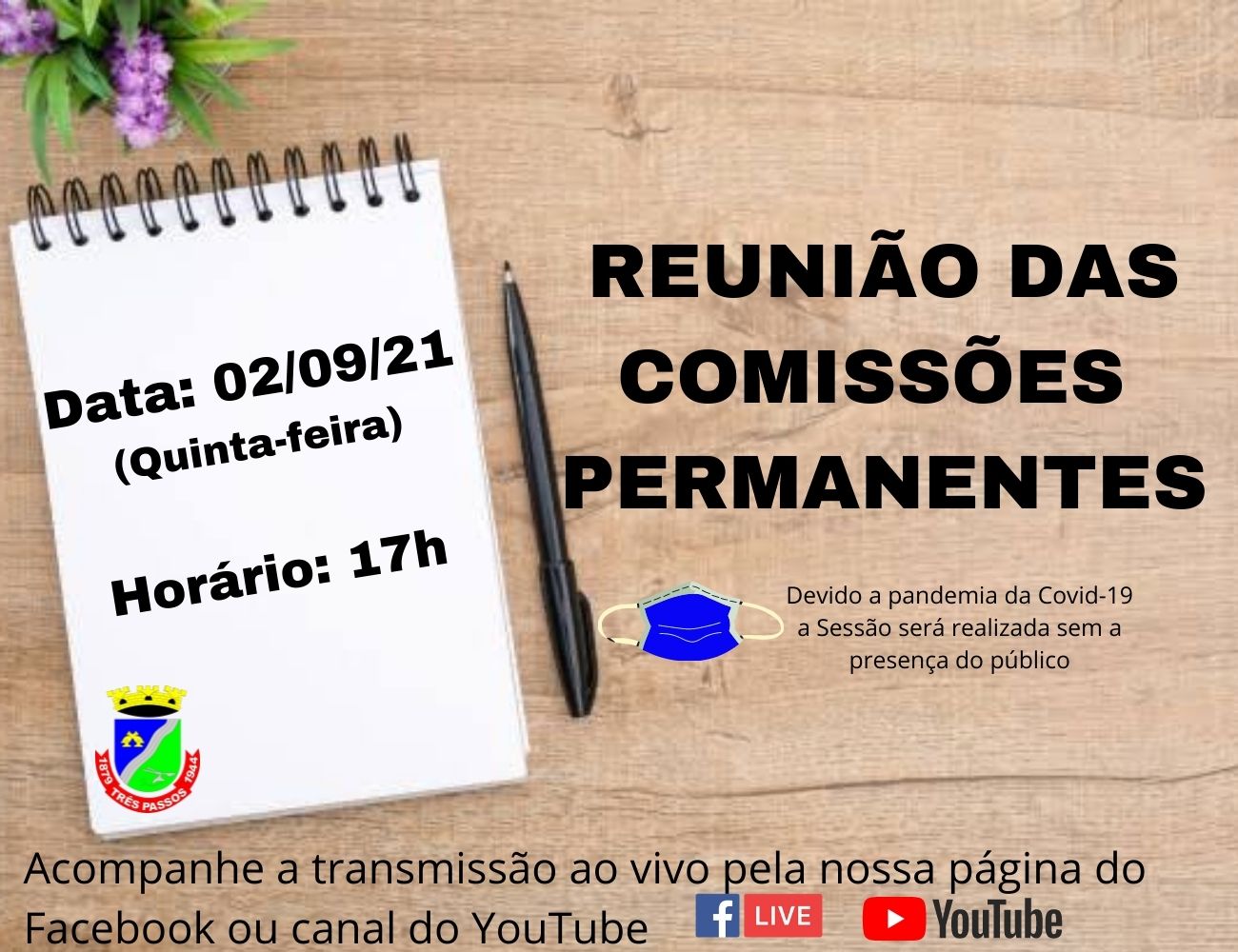 ACOMPANHE HOJE, 02 DE SETEMBRO ÀS 17 HORAS, REUNIÃO DAS COMISSÕES PERMANENTES 