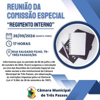 ACOMPANHE HOJE, 26 DE SETEMBRO DE 2024, ÀS 17H, A REUNIÃO DA COMISSÃO ESPECIAL SOBRE O REGIMENTO INTERNO