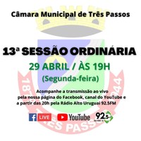 ACOMPANHE HOJE, 29 DE ABRIL, A 13ª SESSÃO ORDINÁRIA DE 2024