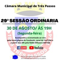 ACOMPANHE HOJE, 30 DE AGOSTO, A 29ª SESSÃO ORDINÁRIA