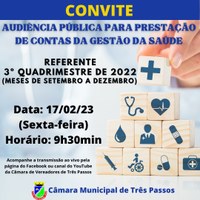 AUDIÊNCIA PÚBLICA PARA A PRESTAÇÃO DE CONTAS DA GESTÃO DA SAÚDE REF. 3º QUADRIMESTRE DE 2022 (MESES DE SETEMBRO A DEZEMBRO)