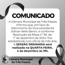 COMUNICADO: Sessão Ordinária será realizada no dia 4 de dezembro de 2024