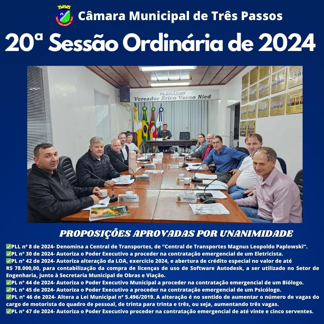 REALIZADA A 20ª SESSÃO ORDINÁRIA DE 2024 