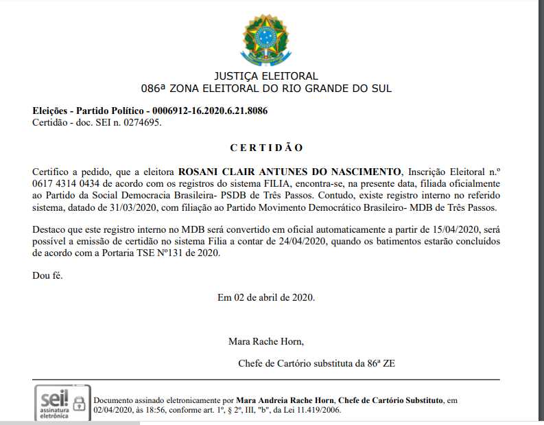 VEREADORA ROSANI DO NASCIMENTO COMUNICA TROCA DE PARTIDO